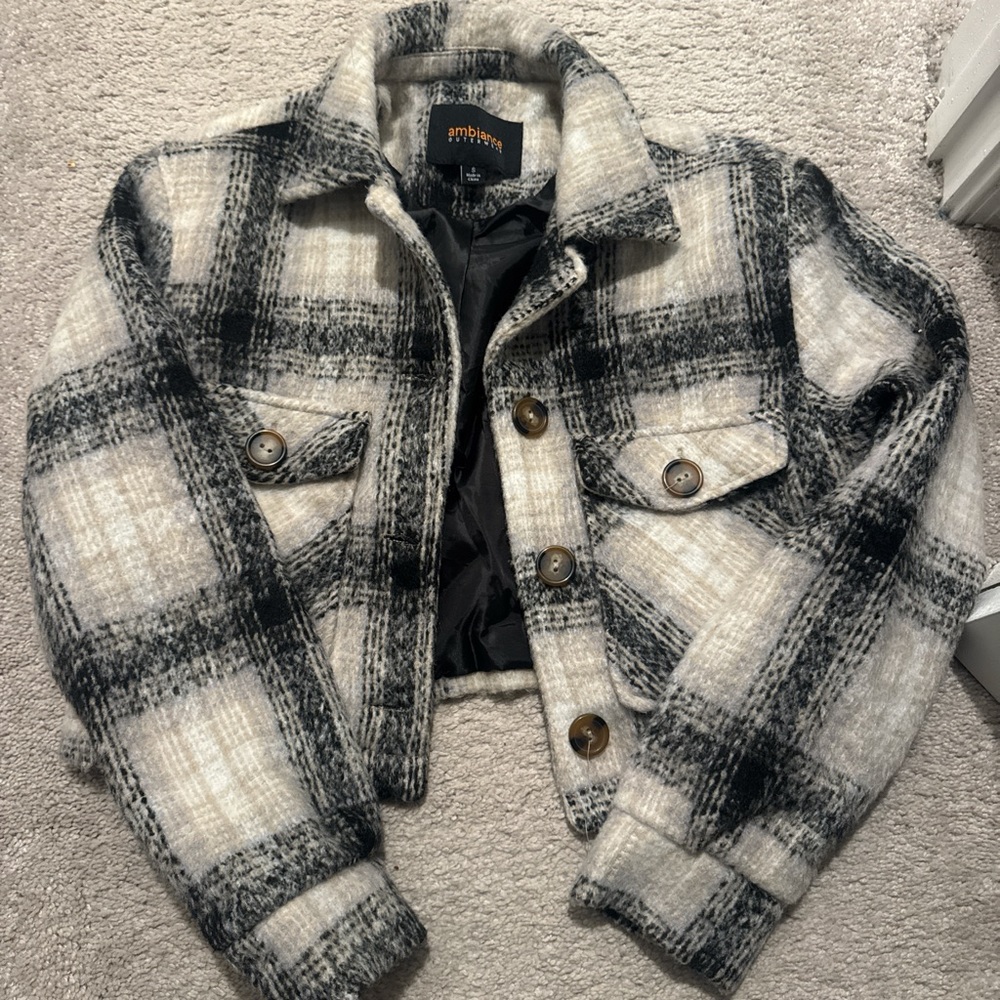 Ambiance womens Plaid Jean Jacket - Black and Cream